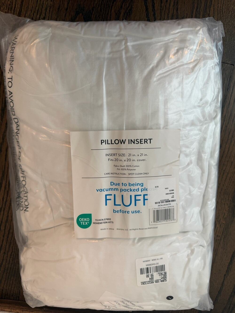 Nordstrom Pillow Insert 100% Cotton Poly Fill Fits 20 in. x 20 in. Pillows NWT